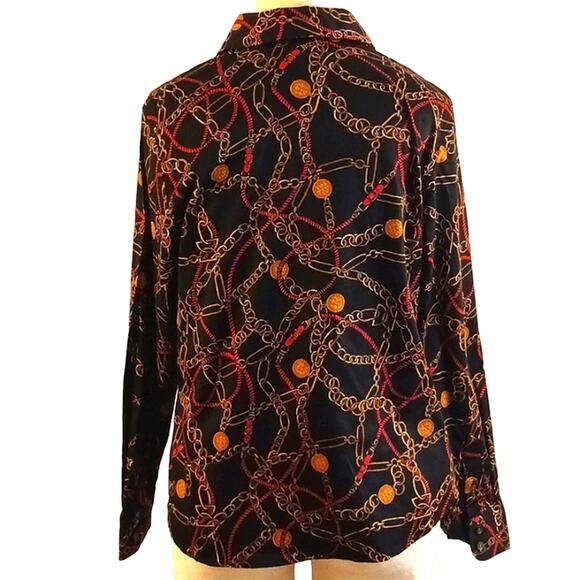 Charter Club Long Sleeve Shirt Sz 12 Abstract Gold Chains Equestrian Career Y2K - Picture 2 of 13